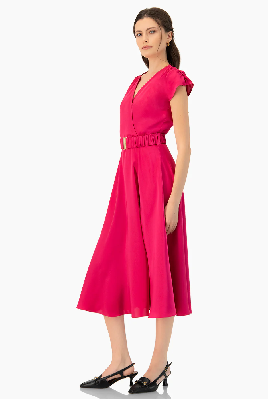 Vestido fucsia midi escote en V - Image 3
